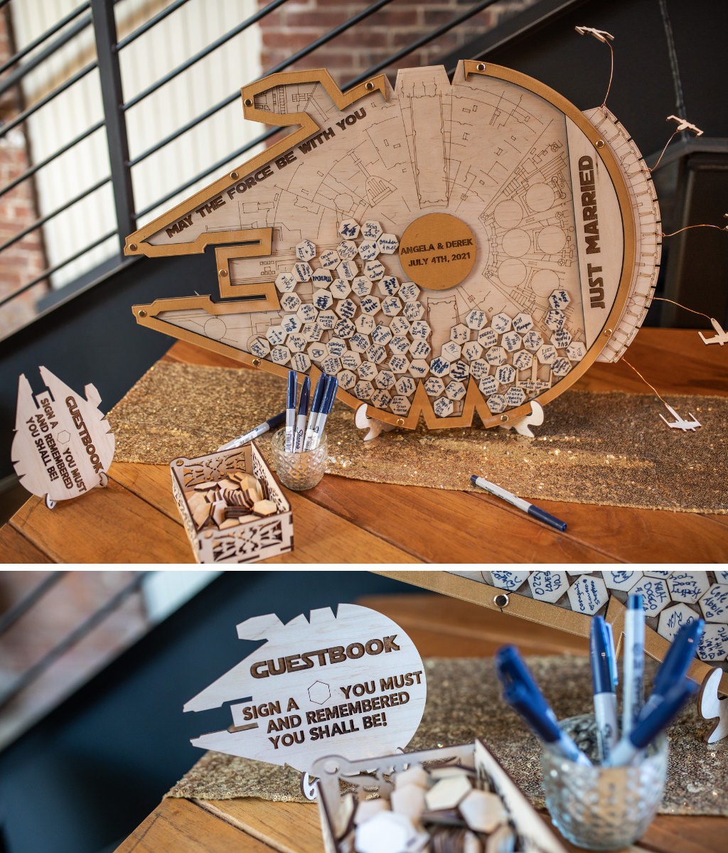 A fun and unique wedding guest book idea includes this Millennium Falcon from the Star Wars movie series.