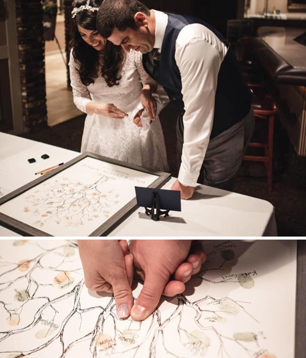 A fun tree guestbook idea where everyone from the wedding leaves their thumbprint as a leaf and then signs it for the couple