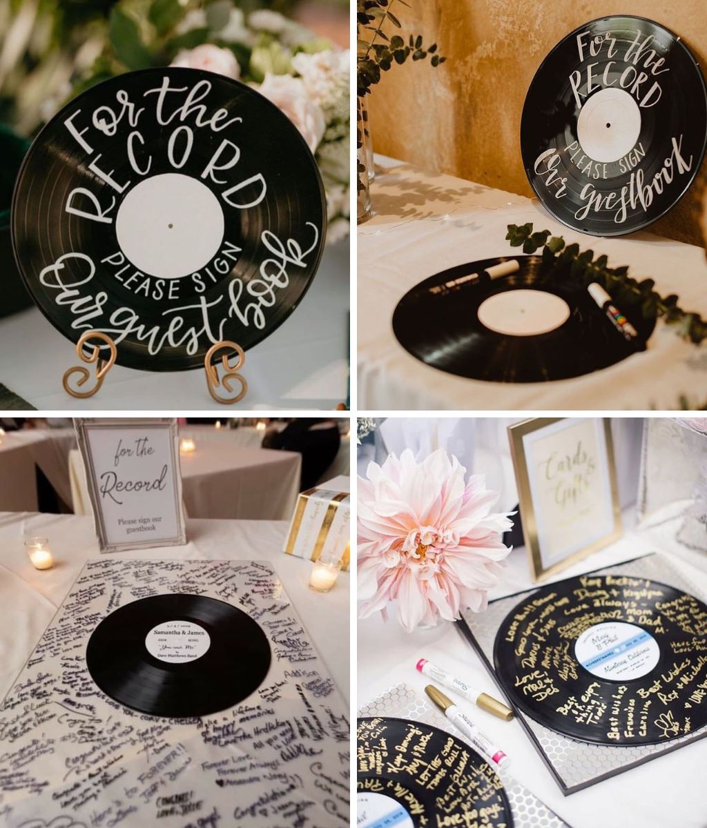 Four different for the record wedding guest book ideas where wedding guests sign old vinyl records for the couple