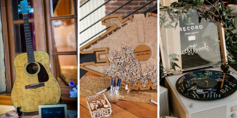 Three different unique wedding guest book ideas: an acoustic guitar, A Millennium Falcon, and a vintage record plater with vinyl album