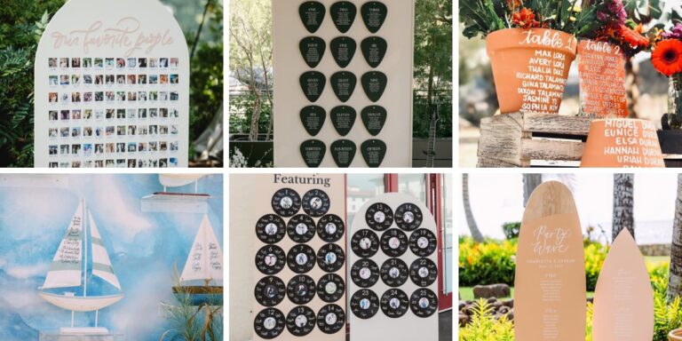 This is a photo collage that shows 6 different wedding seating chart ideas.