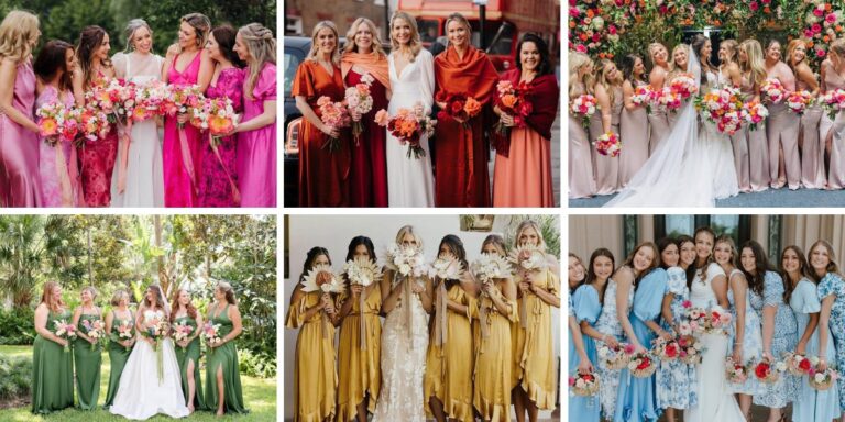 A photo collage showing 6 different wedding color palettes. Each season is represented.