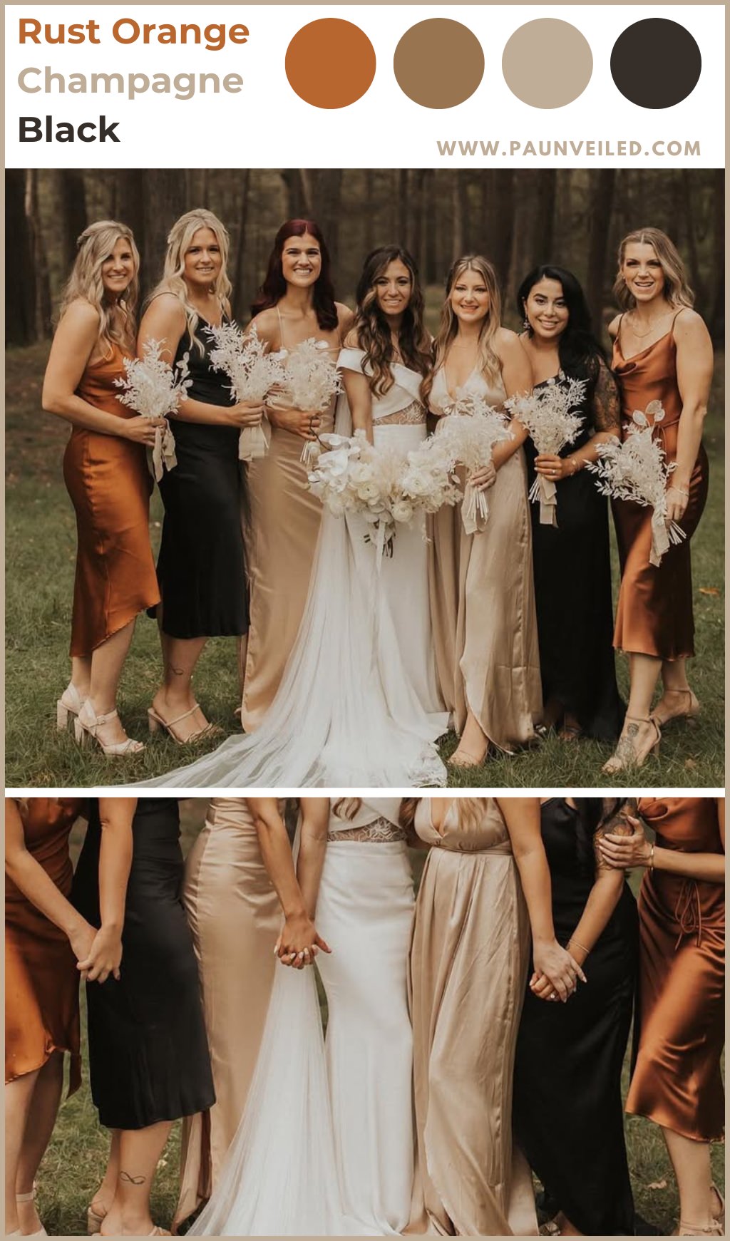 A bridal party wearing earth-tones fall colored dresses posing with the bride