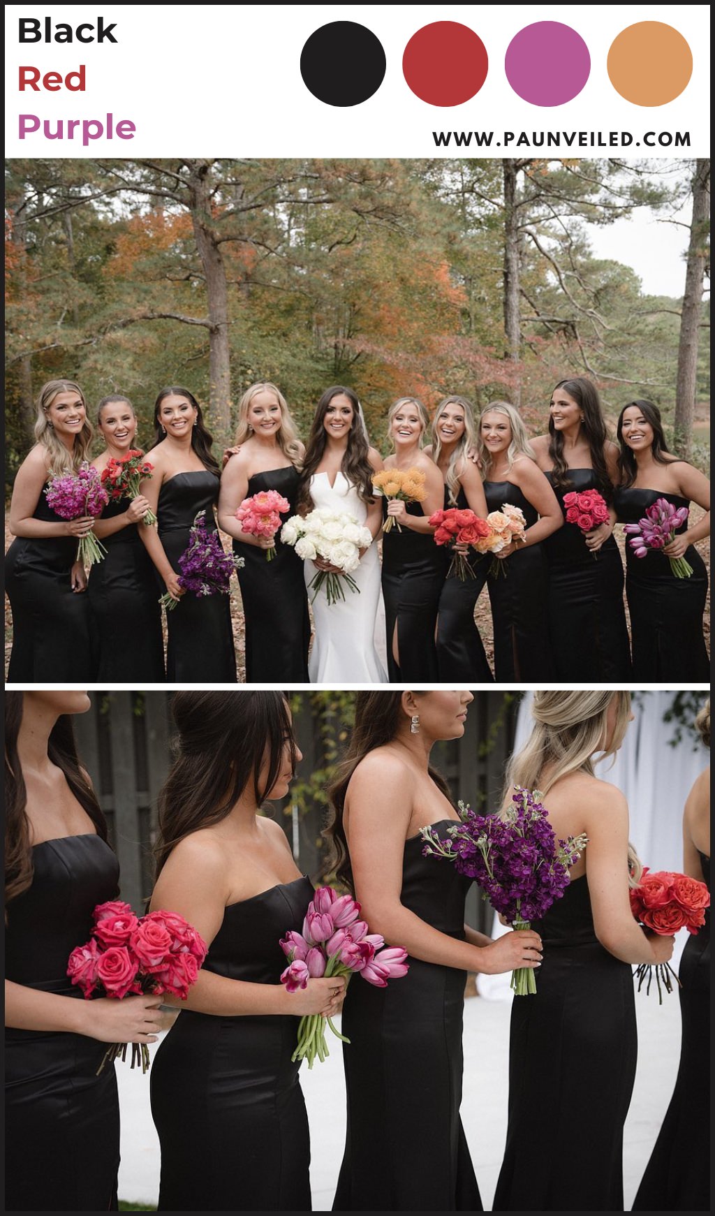 A bride in a white and dress and bridesmaids wearing black dresses posing outside during a fall wedding