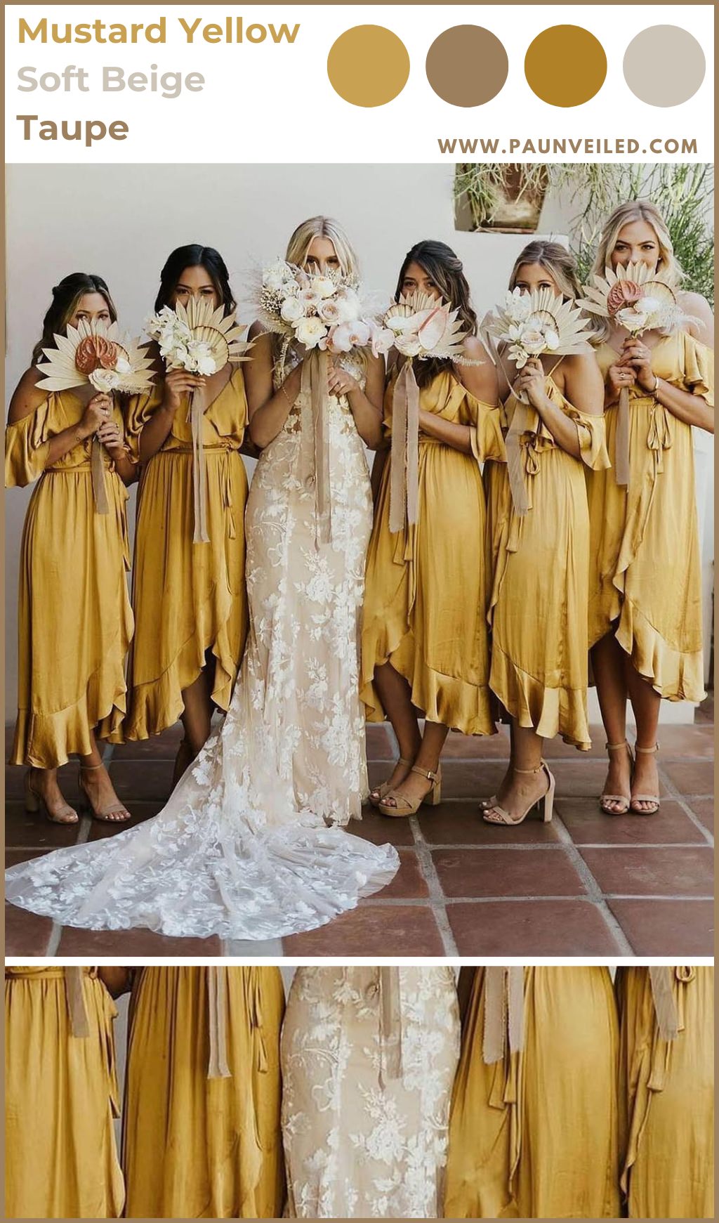 Bridesmaids wearing mustard yellow colored dresses next to the bride in a white wedding gown. They are all holding their bouquets over their faces.