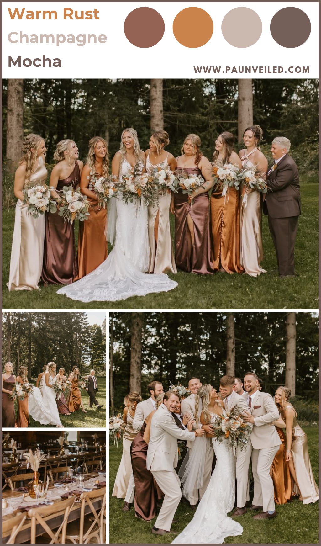 A bridal party posing in pretty fall color dresses outside