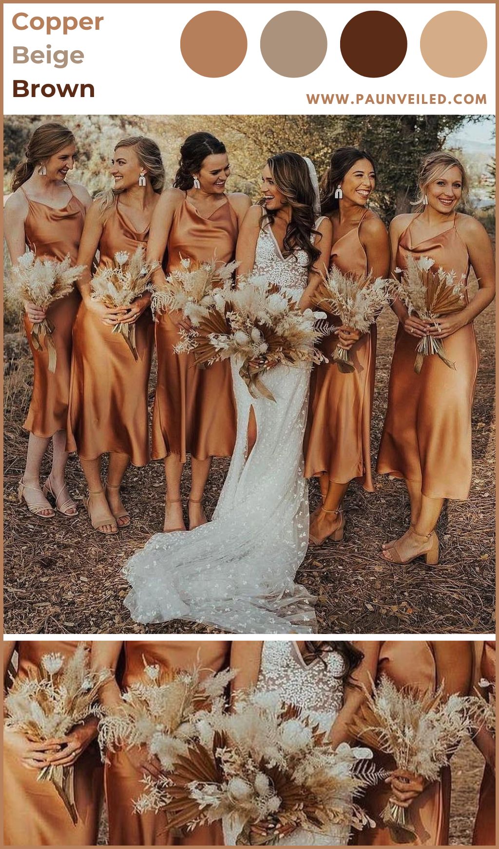 Bridesmaids wearing copper colored dresses in the fall next to the bride in white