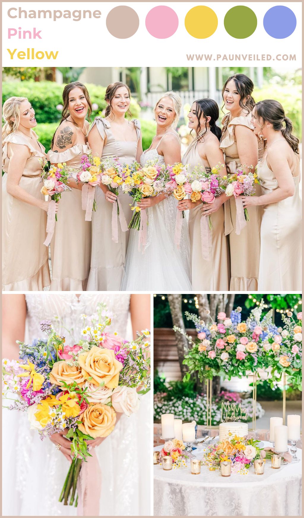 A bride and bridesmaids in champagne colored dresses posing outside at a spring wedding