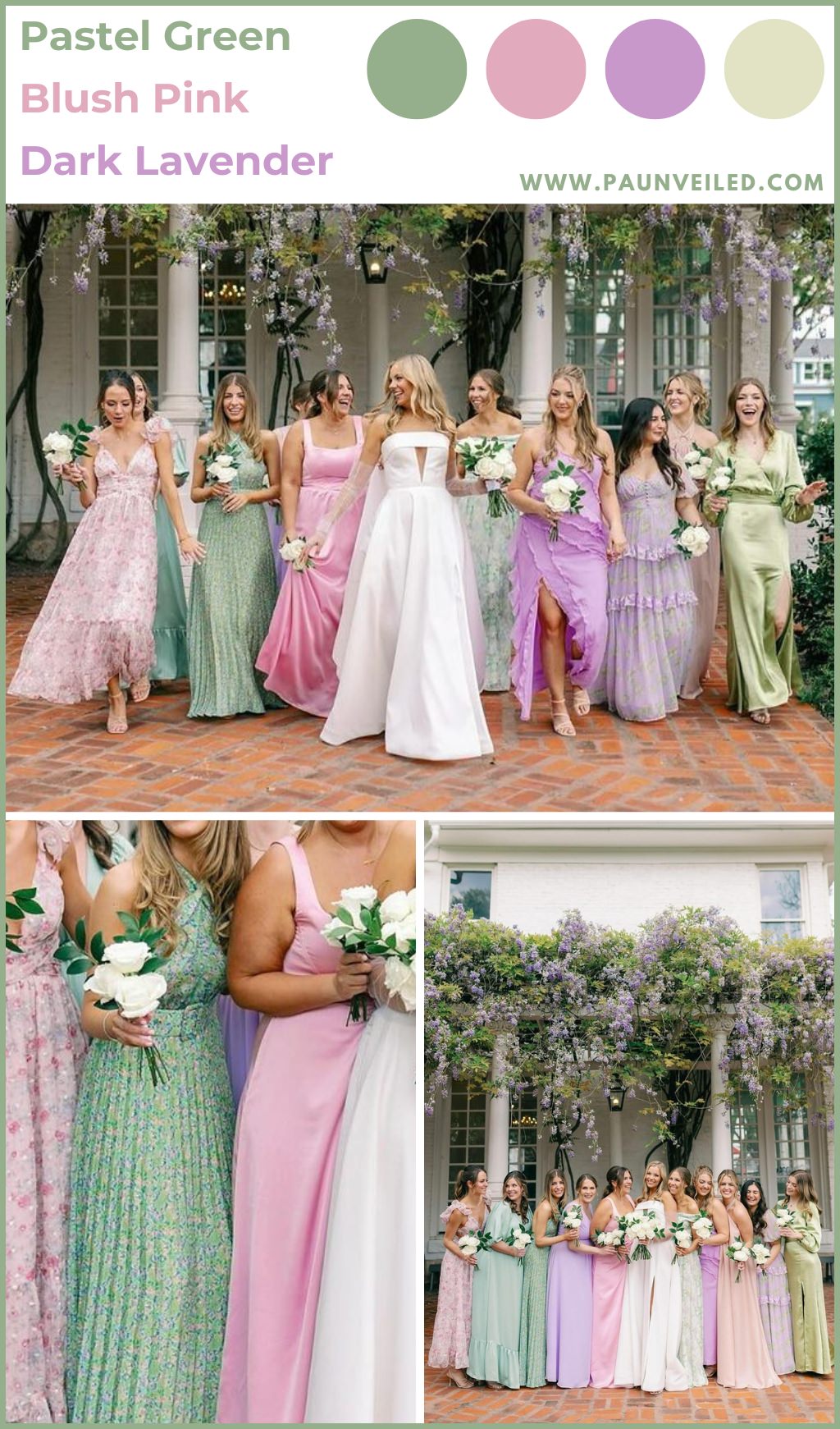 A bride and bridesmaids posing outside in the spring. The bridesmaids are wearing green, pink, and purple dresses.