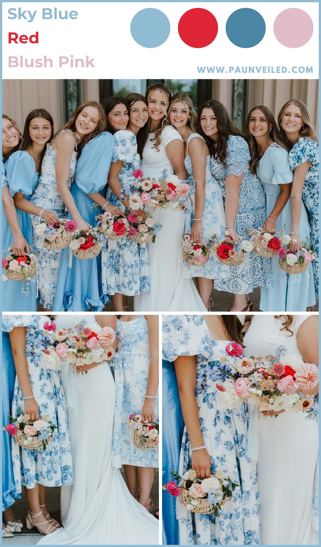 Bridesmaids in blue dresses posing with the bride. This is for the blog post called wedding color palettes