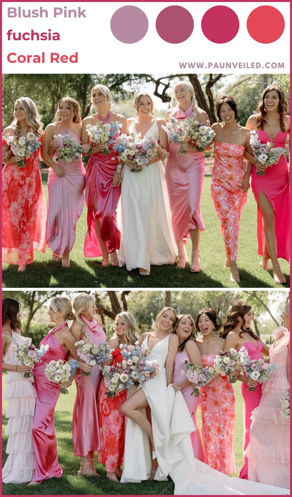 A bridal party wearing bright and bold spring colors for a wedding. The bridesmaids are wearing dresses with lots of pink hues.