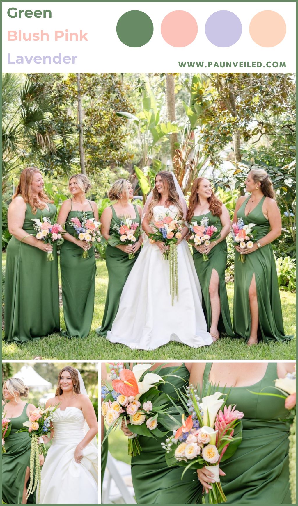 A bride and bridesmaids posing outside. The girls are wearing pretty green dresses for springtime