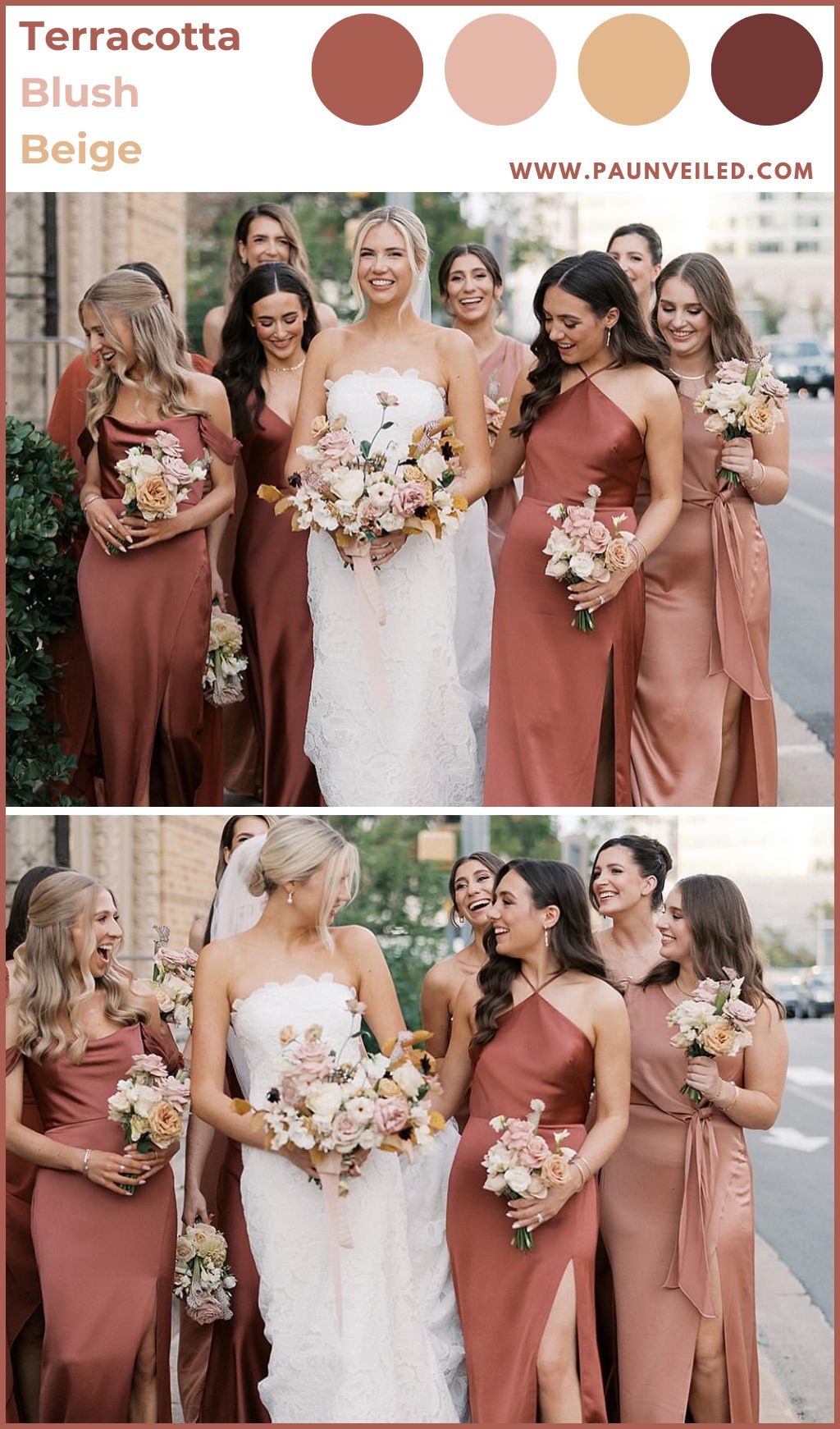 A bridal party posing outside in pretty earth tones for late summer