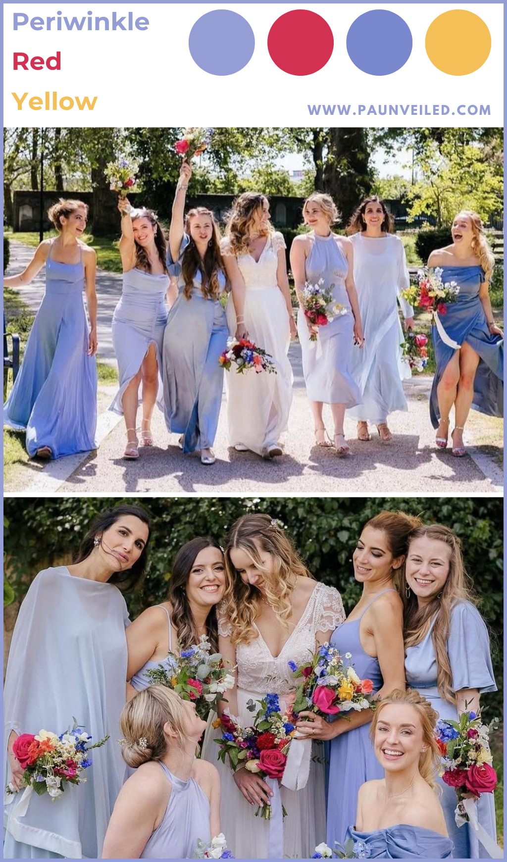 Bridesmaids wearing periwinkle blue dresses standing next to the bride in white