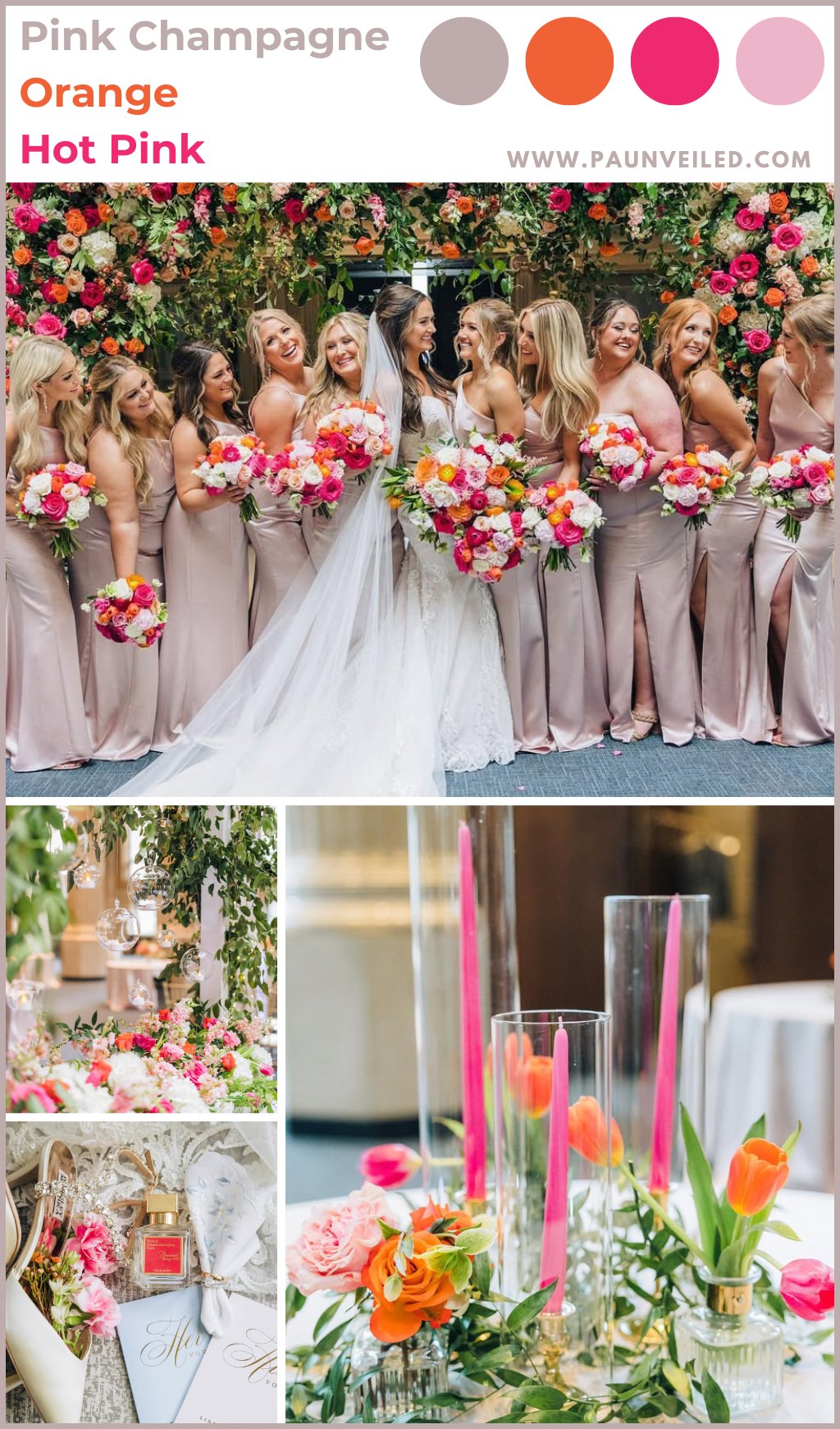 A bride and bridesmaids posing outside. The girls are wearing pink champagne colored dresses
