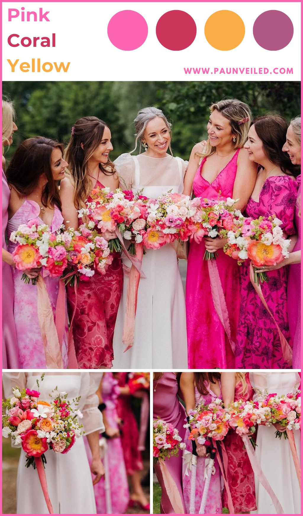 A bridal party wearing bright pink dresses next to the bride in white.