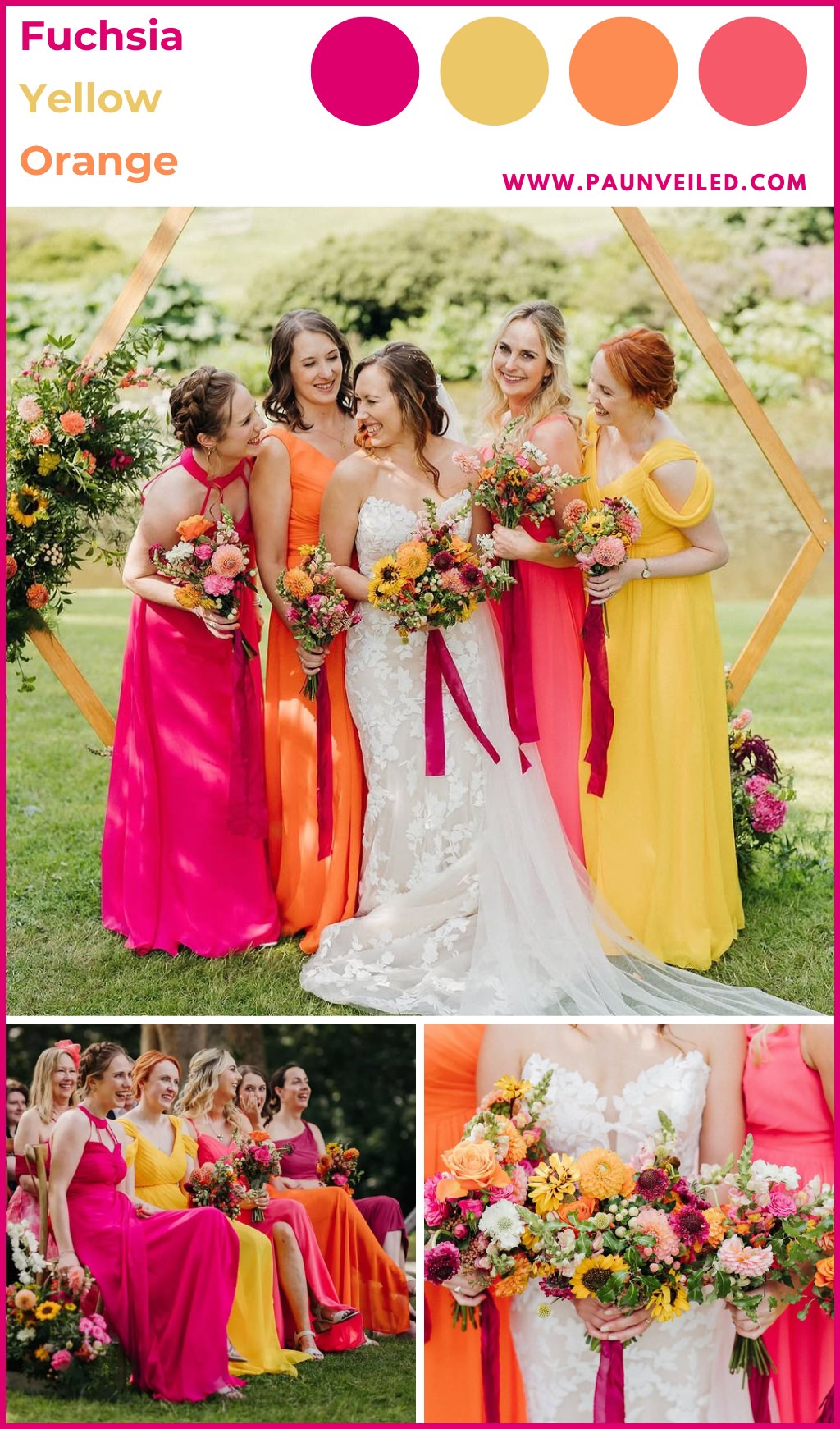 A wedding party posing outside at a summer wedding. The girls are wearing bright colored dresses in pink, orange, and yellow hues.
