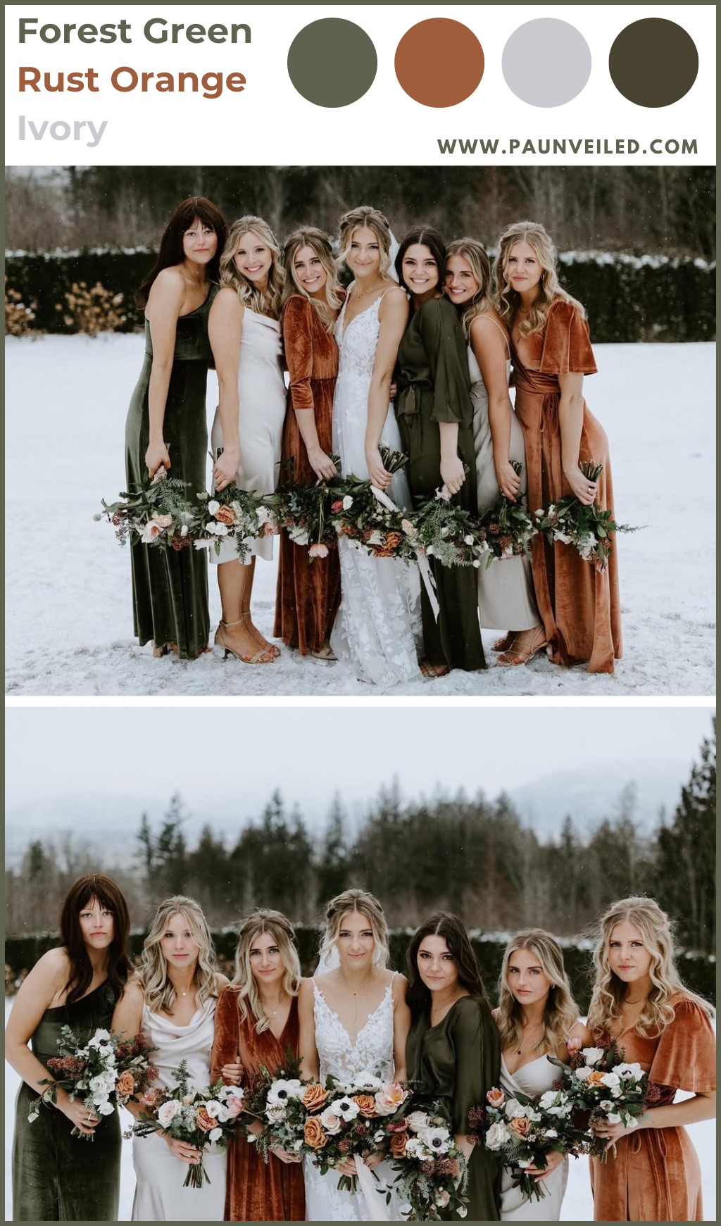A bride and bridesmaids posing in the snow for a winter wedding. The girls are wearing forest green and burn orange bridesmaid dresses.