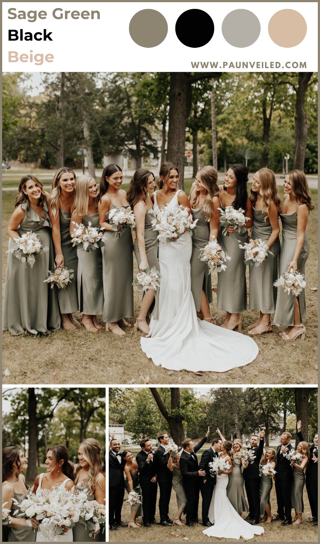 A bride and her bridesmaids posing. The girls are wearing sage green dresses. This is for the post called wedding color palettes