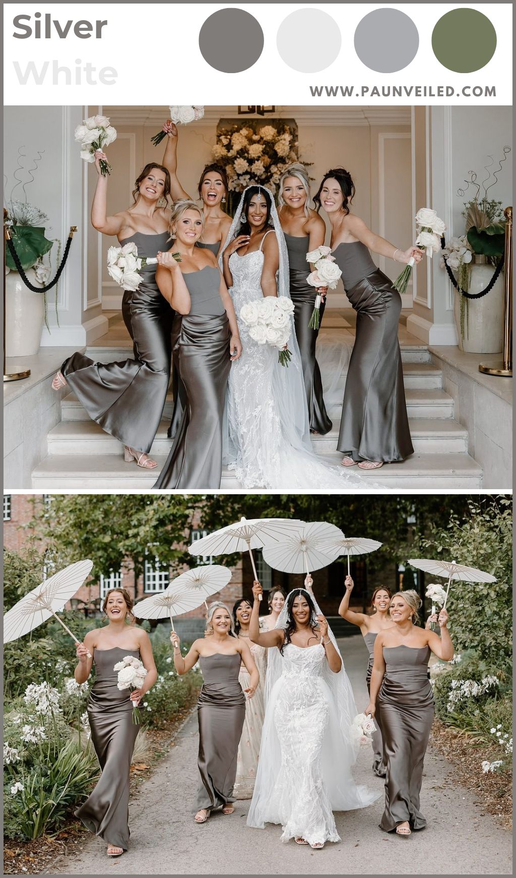 A bride and bridesmaids posing. The girls are wearing silver bridesmaid dresses.