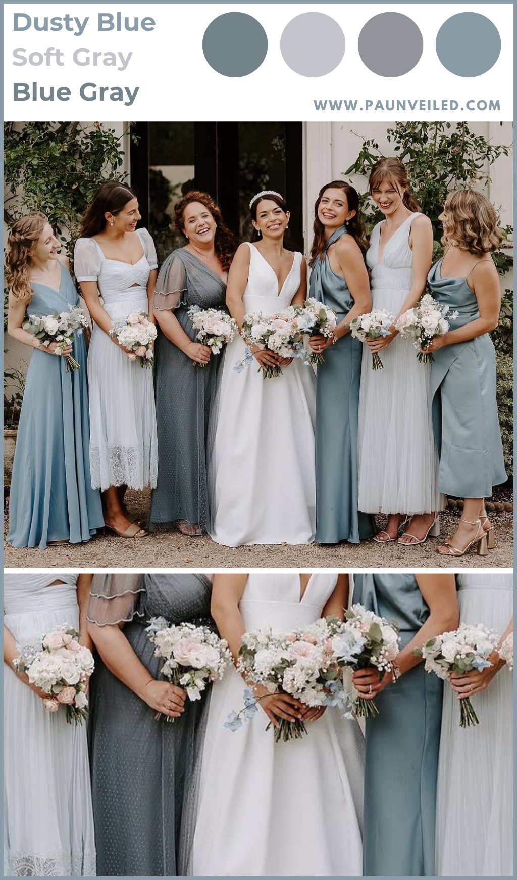 A wedding color palette with dusty blue and ivory. The bride is wearing an ivory dress and the bridesmaids are in dresses with different shades of blue.