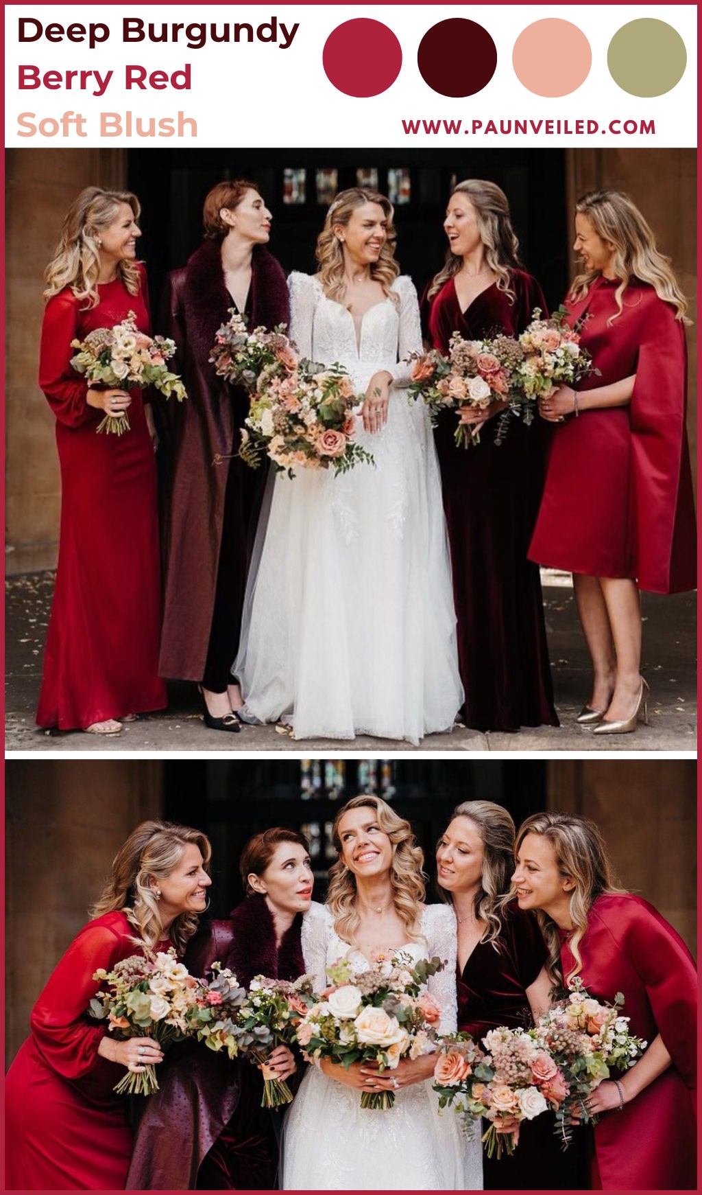 A bride and bridesmaids posing. The bridesmaids are wearing burgundy and red bridesmaid dresses. This is for a winter wedding