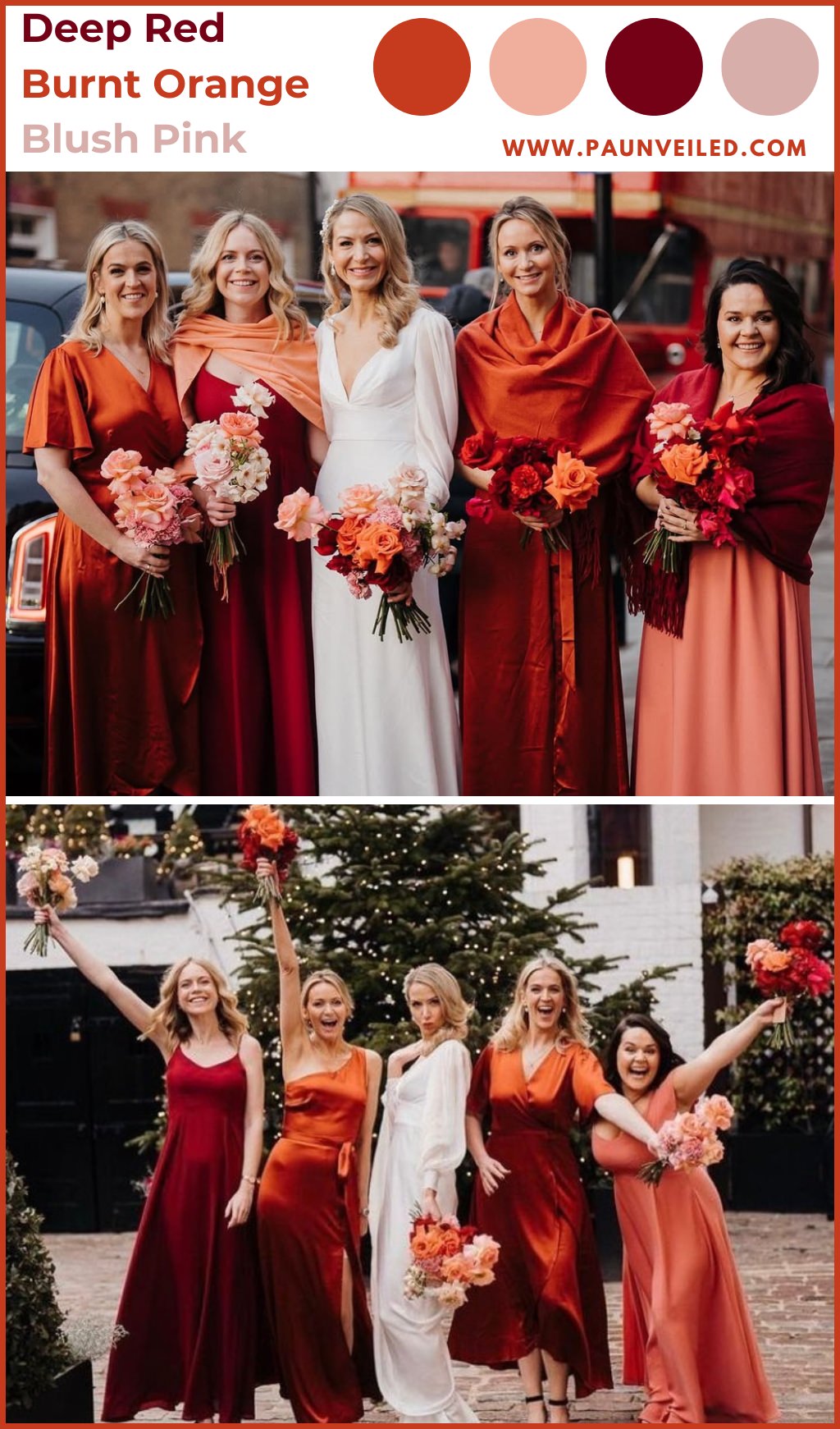 A bride posing with her bridesmaids at a winter wedding. The bridesmaids are wearing deep red and burnt orange dresses.