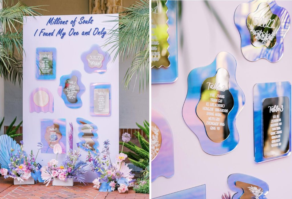 A cool abstract mirror and shape wedding seating chart