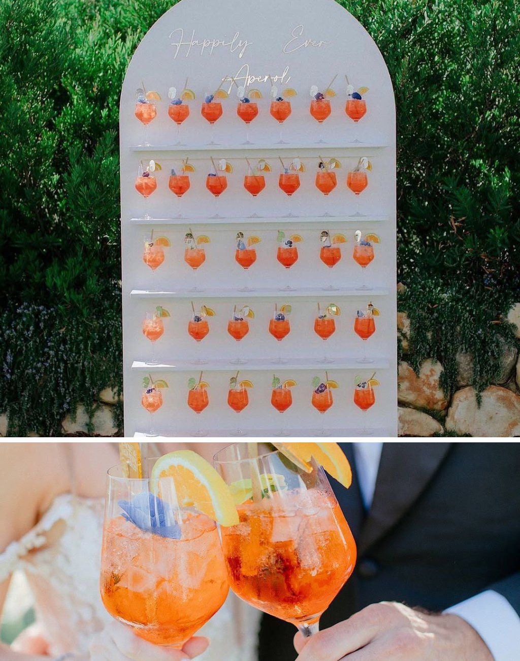 An aperol spritz themed wedding seating chart where each guest gets their own cocktail.