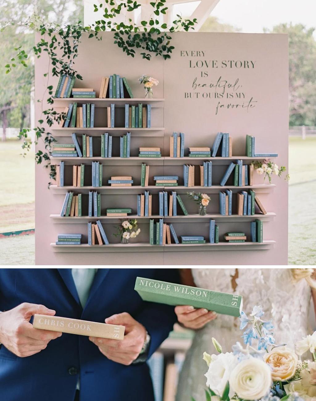 A bookshelf and books being used as a wedding seating chart