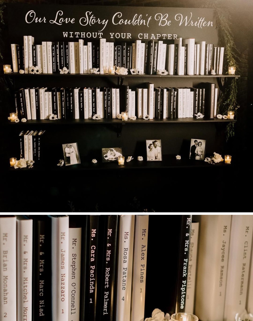A wedding seating chart idea that isa big book shelf and each guest has their own book with their name and table number.