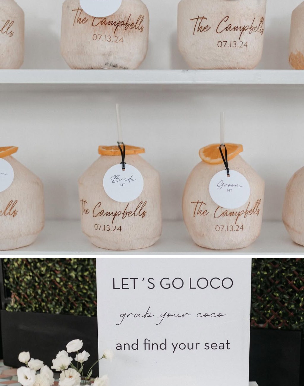 A fun tropical wedding seating chart with drinks in coconuts for each guest