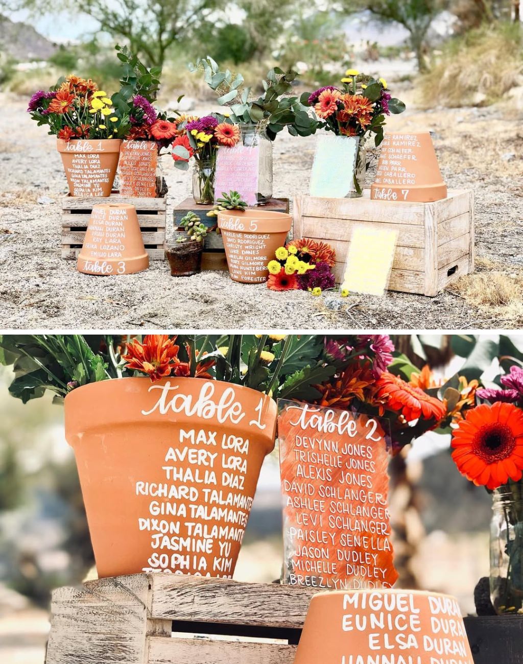 A wedding seating chart that uses terracotta flower pots as the table names and numbers along with the names of the guests.