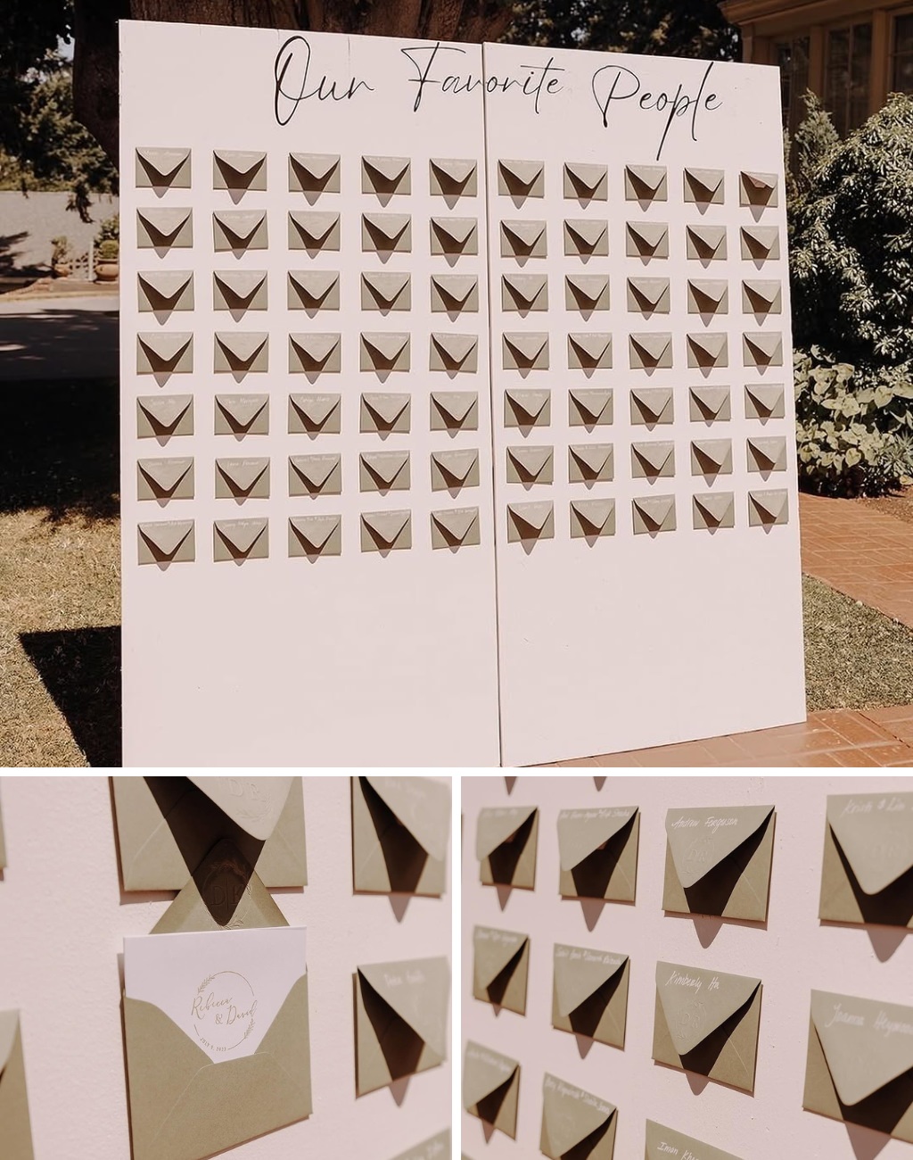 This wedding seating chart idea is called our favorite people. The couple wrote a personal letter to each guest and put it in an envelope. The envelopes are the seating chart