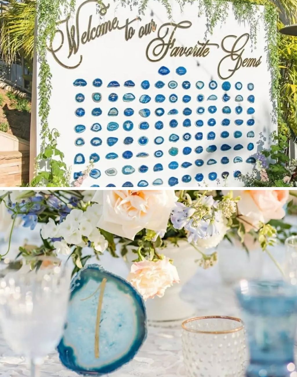 A creative wedding seating chart using polished agate as the names