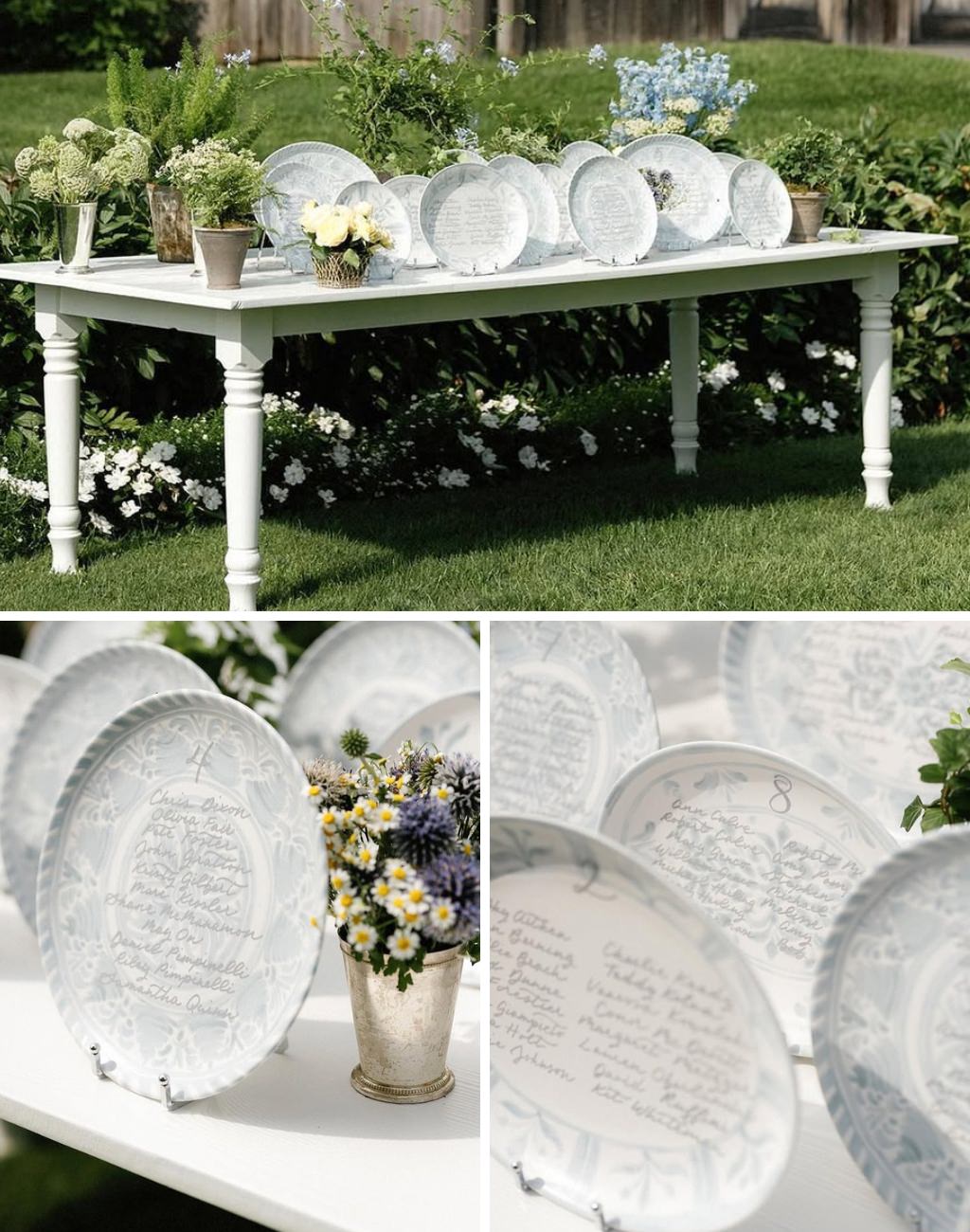 A pretty unique wedding seating chart that uses pottery plates with handwritten names on them