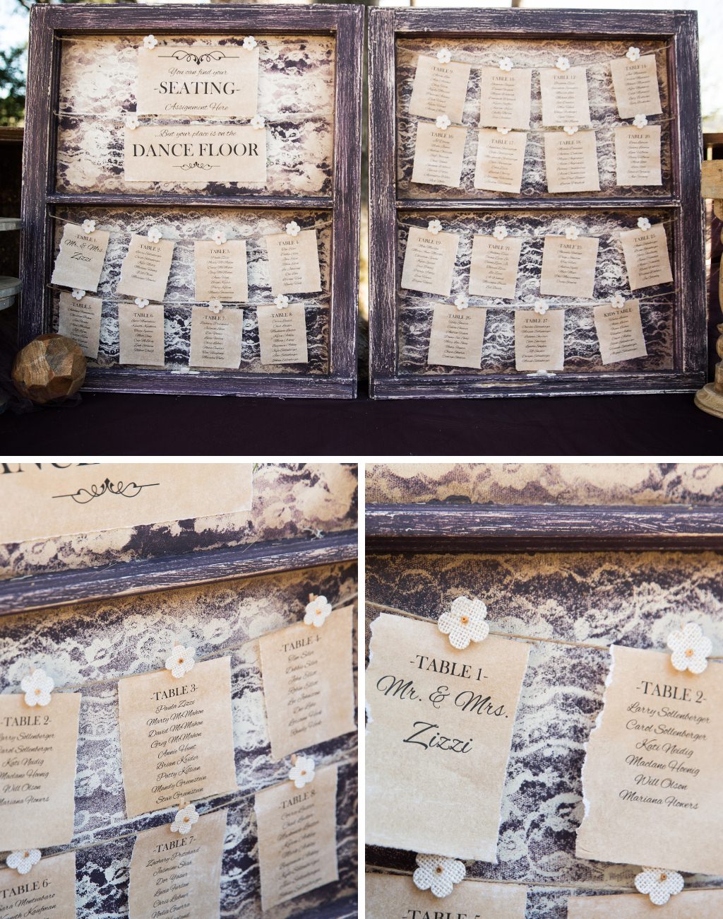 A rustic wedding seating chart that shows old torn paper with the names of guests and table numbers. They are placed inside an old wooden window pane