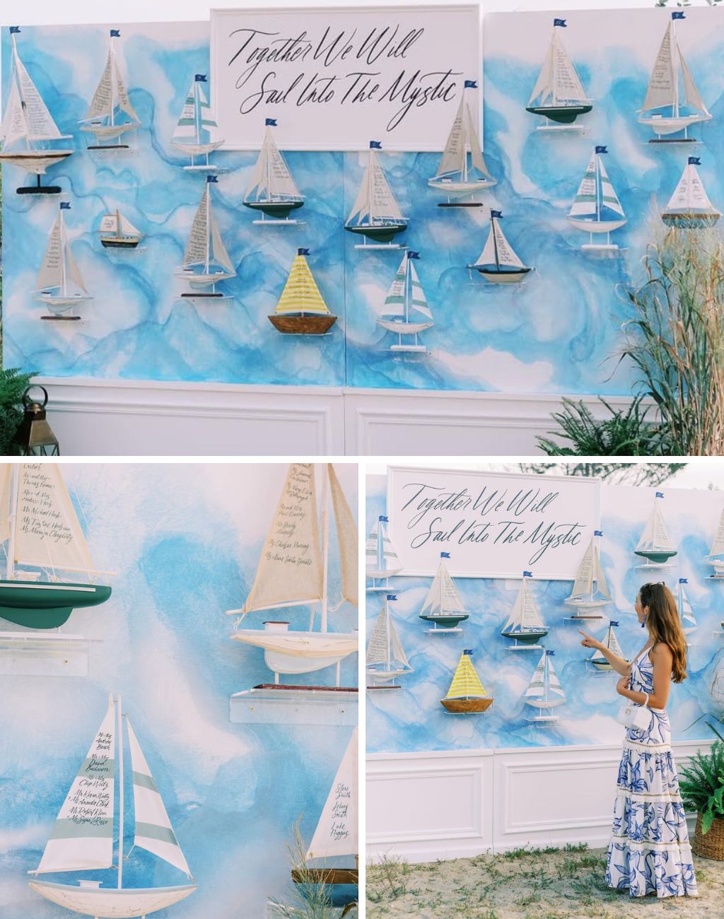 A nautical sailboat wedding seating chart that has each guest name on a sailboat showing where they sit