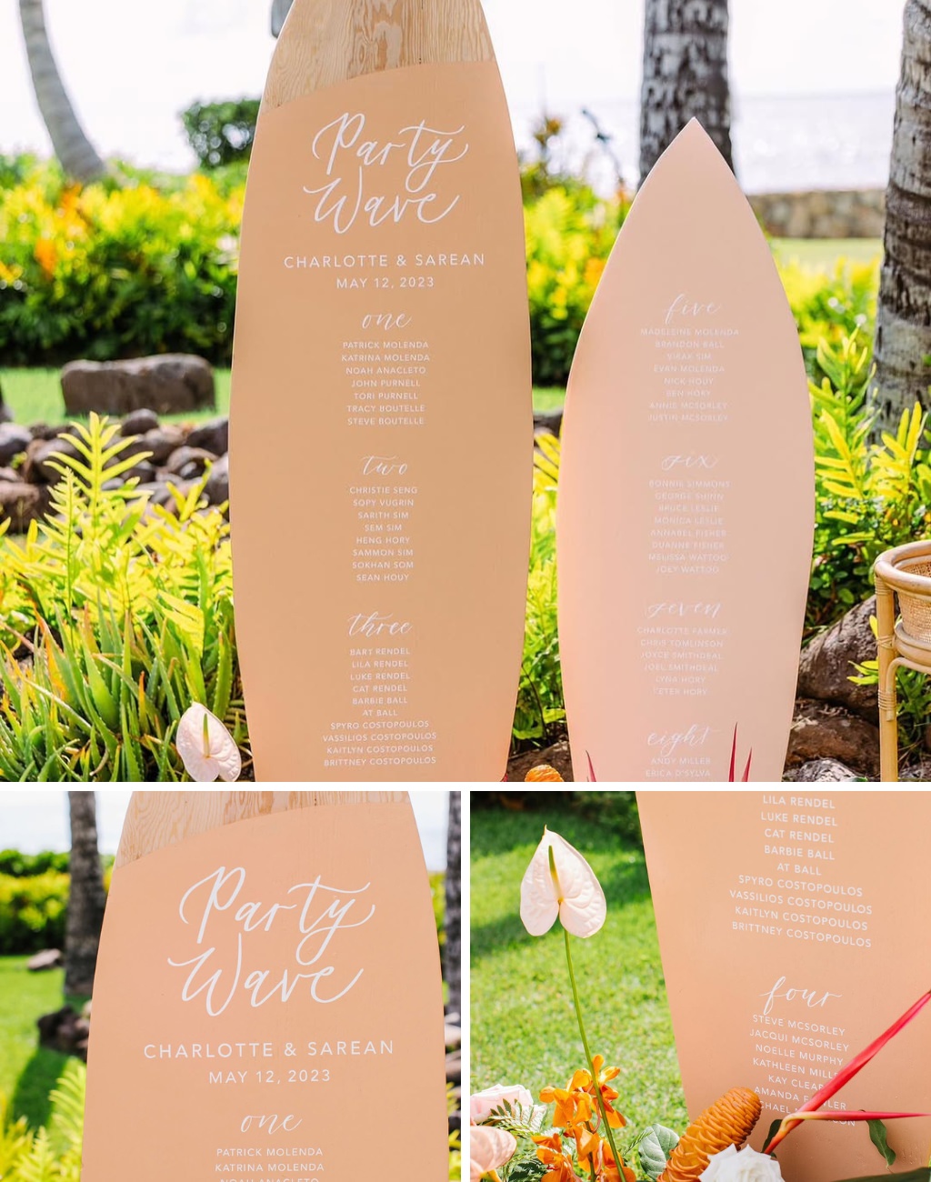 A cool wedding seating chart idea for surfer or beach lovers. This seating chart is done on two full-sized surfboards.