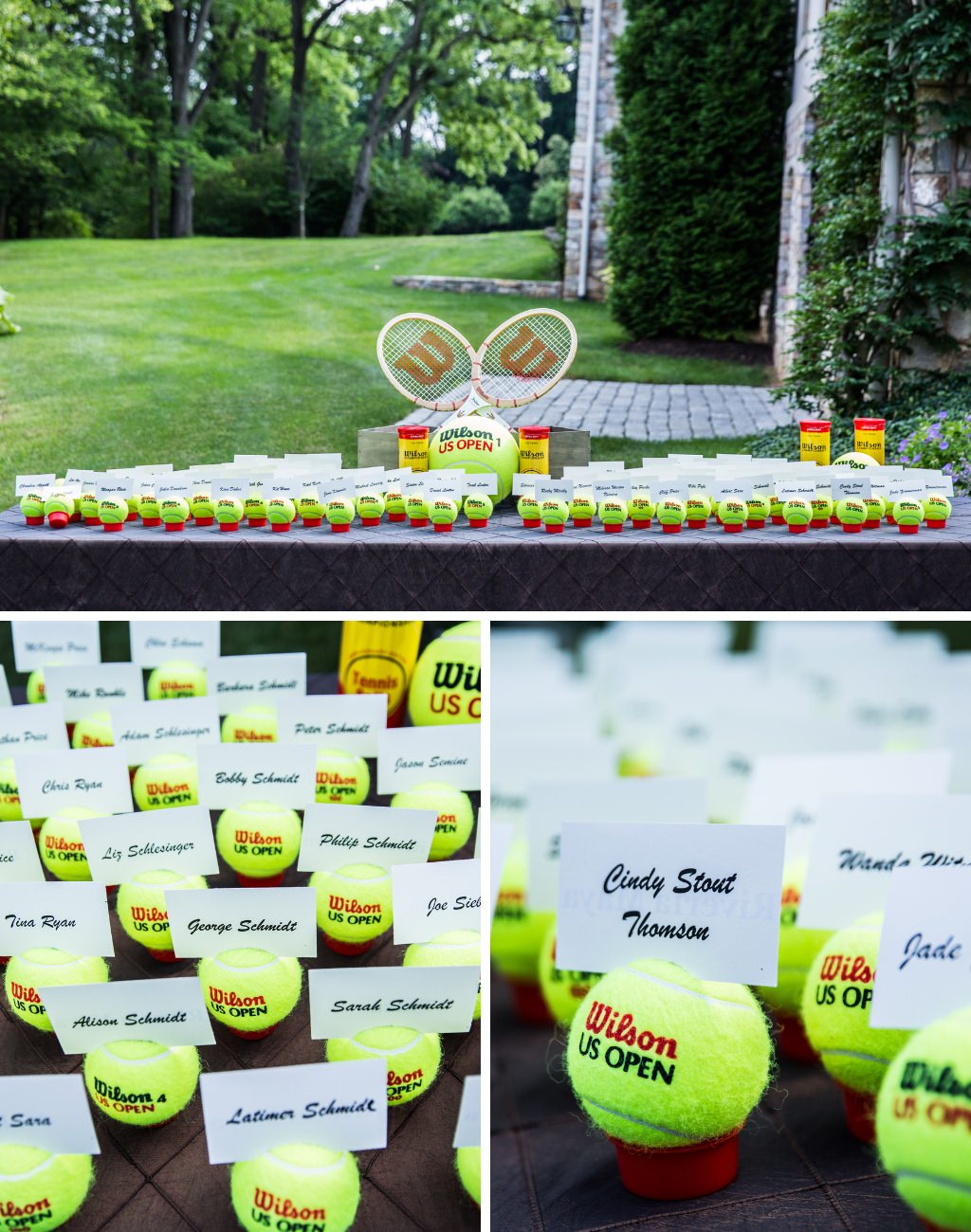 A creative wedding seating chart for tennis fans. This has a tennis ball with the names of each guest and their seating assignment.
