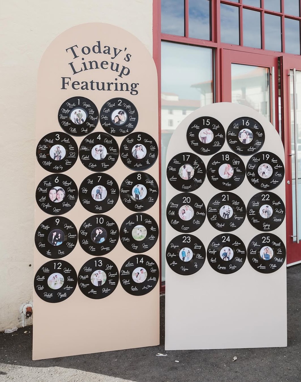 A fun seating chart idea that has vinyl records for each table number with each guest named on it