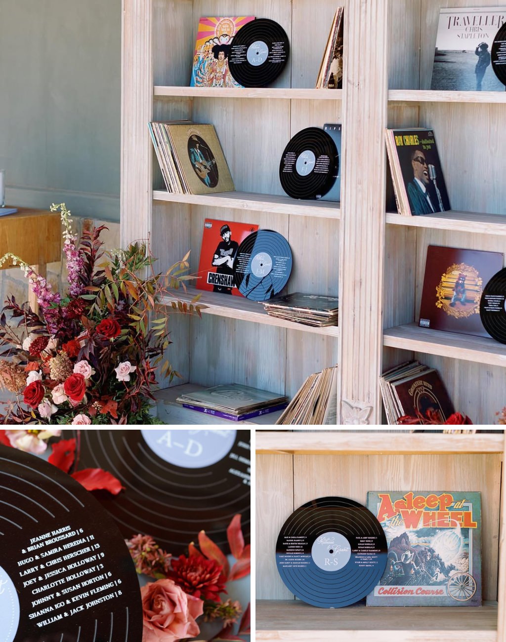 A fun wedding seating chart that uses old vinyl records for table numbers and guest names