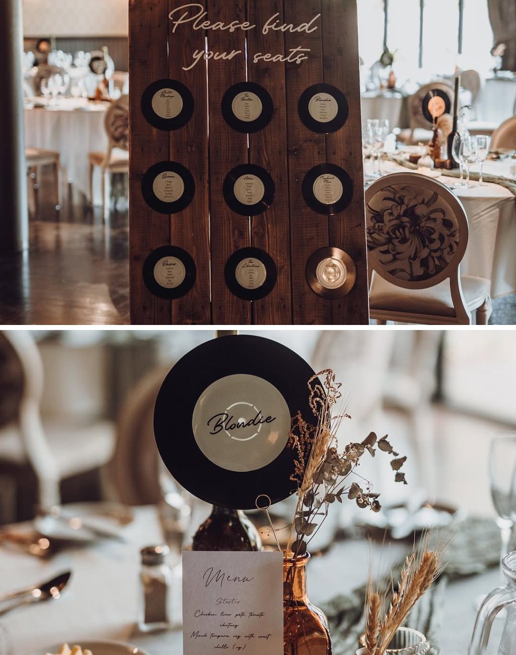 This couple used small vinyl records with the names of their favorite bands and singers as their seating chart. Then each table number had a vinyl record for the table number.