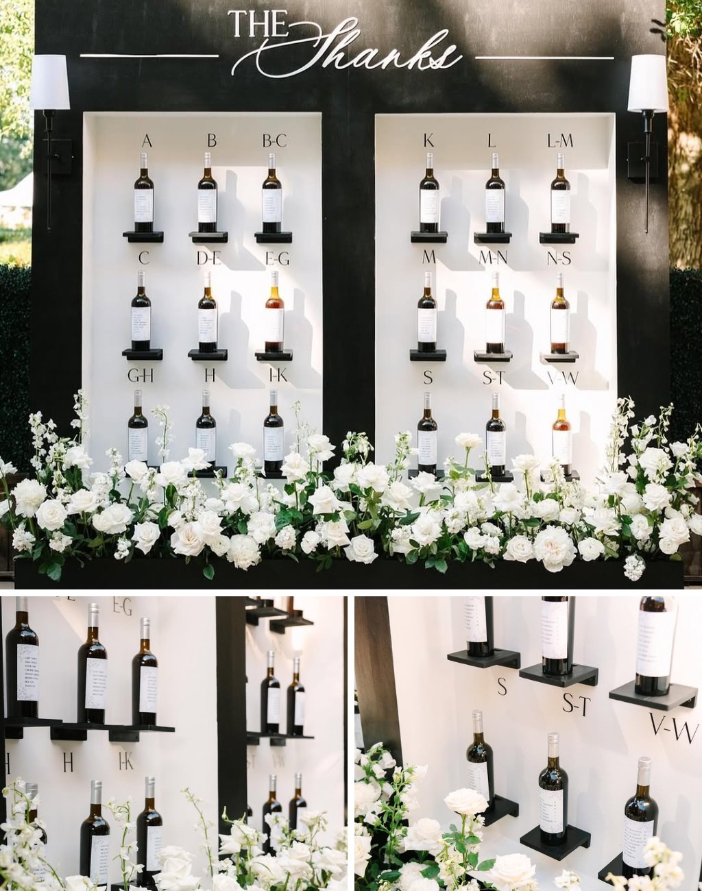 Fun and creative wedding seating chart ideas like this are so fun. This has a wine bottle for each table number and the names of each guest are written on the bottles