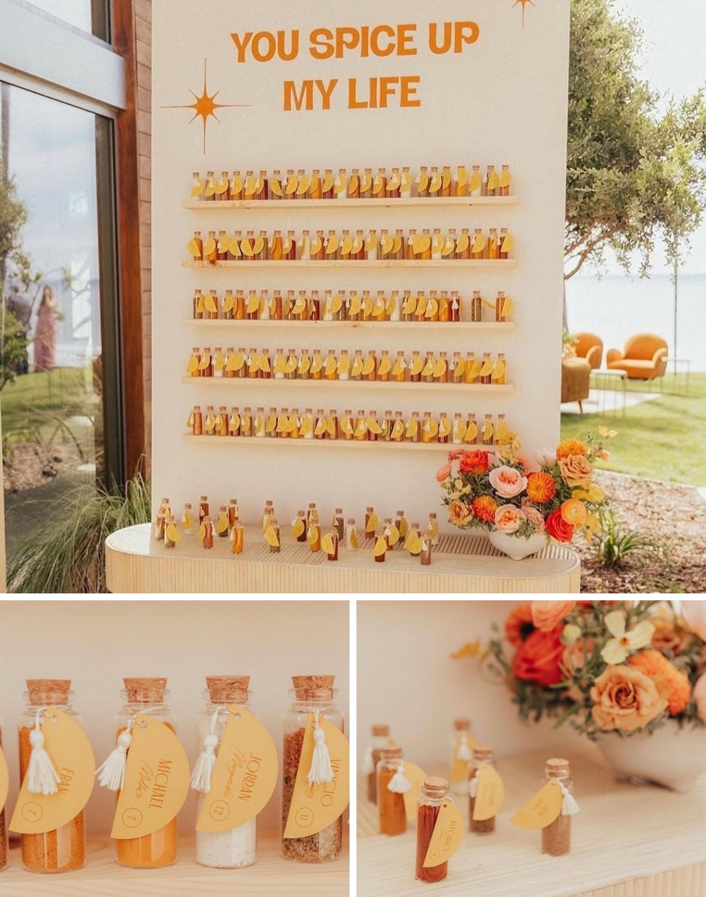 A fun wedding seating chart idea that uses little bottles of spices for each guest