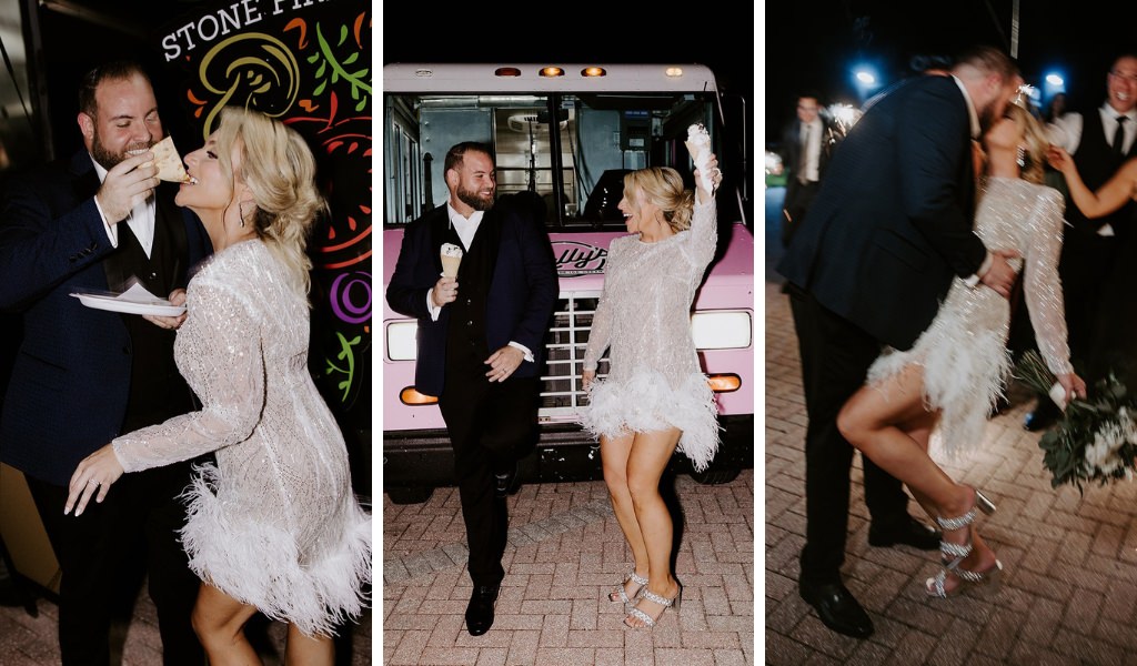 fun candid wedding photos of a bride and groom by a food truck