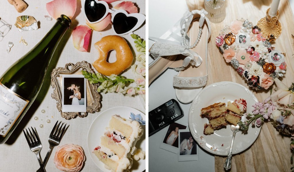 Two different late night flatlays at wedding receptions
