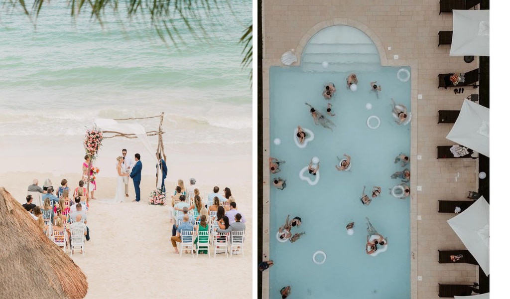 A wedding on a beach and the after party at a pool resort
