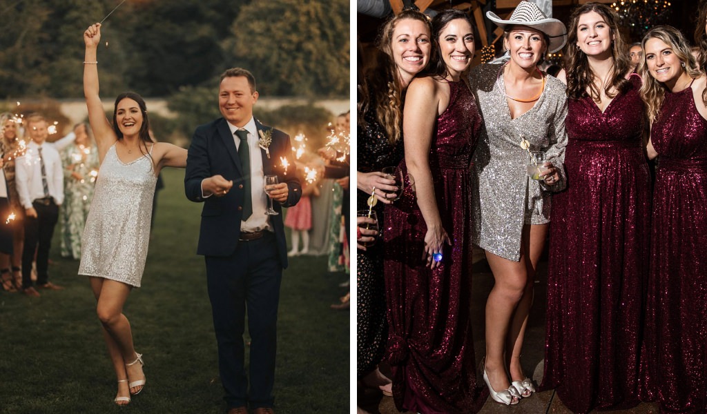 Two brides wearing reception wedding dresses