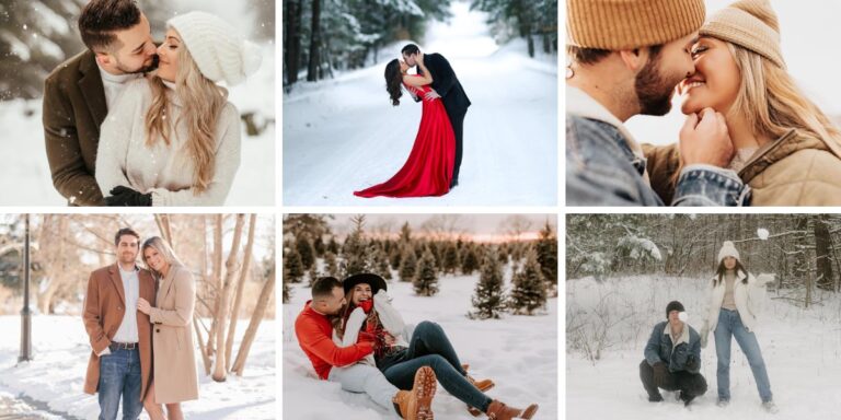 The cover image for the blog post called winter engagement photos and outfits. This shows 6 different winter engagement photo sessions